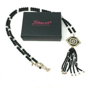 Paula Abdul Necklace Boho Black White Beaded Deco Long Tassel